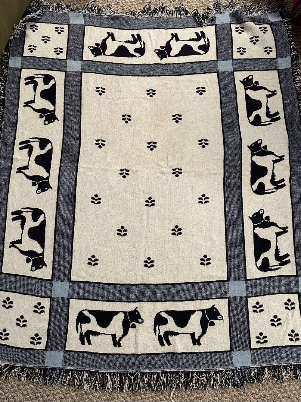 COUNTRY COTTAGECORE COWS BLACK WHITE FRINGED 100% COTTON NATURAL THROW BLANKET
